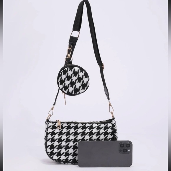 Black & White Houndstooth Convertible Crossbody Bag with Coin Pouch | NEW - Picture 5 of 11